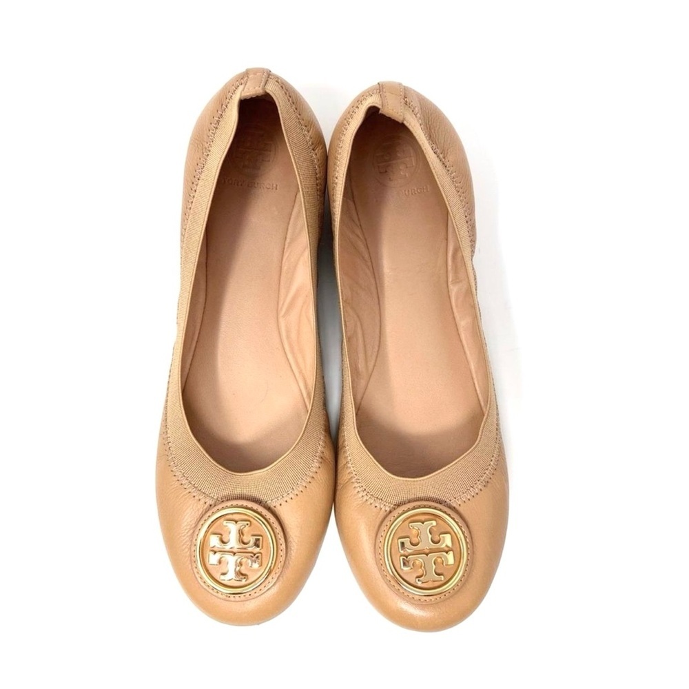 Tory Burch Caroline Patent Leather Ballet Flats Gold Logo Size 8.5 Tan